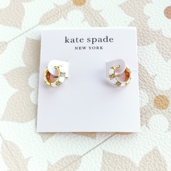 Kate Spade Rare Form Striped Gold Huggies Earrings White